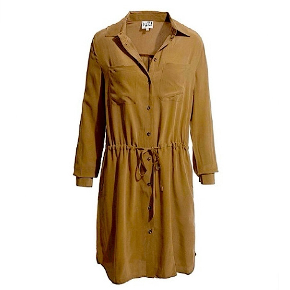 Reiss 1971 Nico Luxe Silk Shirt Dress 70s Vintage Look Caramel Classic Size 6